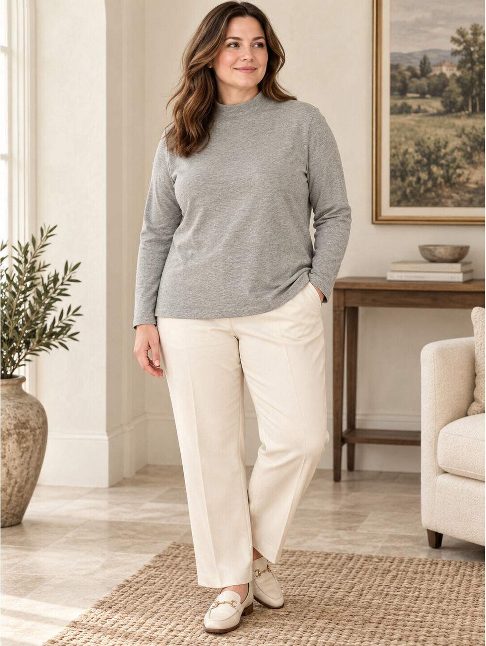 Talbots Gray Mock Neck Top L Cotton Stretch Quiet Luxury Minimalist Classic